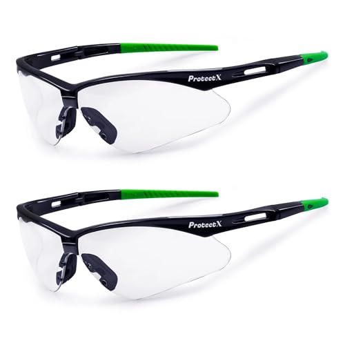 ProtectX Safety Glasses for Men & Women, Safety Sunglasses with Anti-Fog Scratch Resistant Lenses, Non-Slip Grips, ANSI Z87.1 - color: Evergreen Clear 2pk