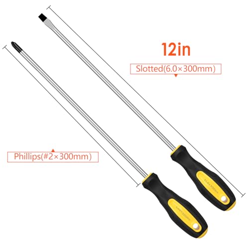 2pcs Long Magnetic Screwdriver Set, 12in Extra Long Phillips and Slotted | with Non-Slip Cushioned Handle Grip - color: 2pcs
