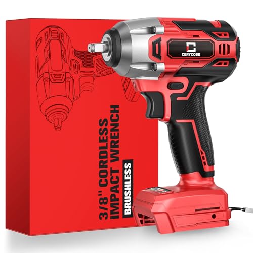 Cerycose Cordless Impact Wrench Compatible with Milwaukee 18V Battery, 250FT-LBS 3/8 inch Compact Impact, Brushless Electric Gun with LED Work Light, Tool Only - color: Red (250 Ft-lbs)