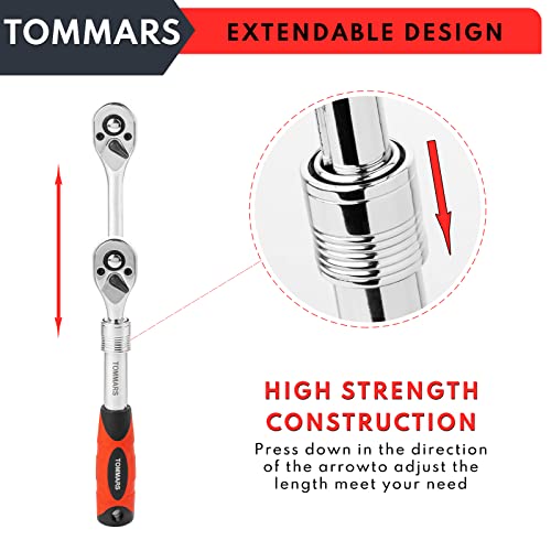 TOMMARS Extendable Ratchet Set 1/4", 3/8", 1/2" Socket Wrench Hand Tool Kit | Mechanic Hand Tool Set, Telescoping Design, 72 Tooth 5-degree swing arc, Quick Release, Reversible - size: 1/4", 3/8", 1/2" Drive, style: Extendable Ratchet Set