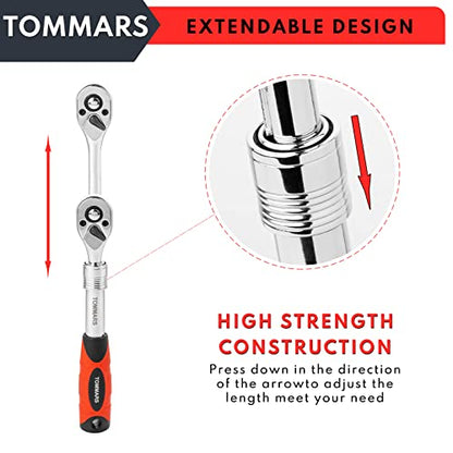 TOMMARS Extendable Ratchet Set 1/4", 3/8", 1/2" Socket Wrench Hand Tool Kit | Mechanic Hand Tool Set, Telescoping Design, 72 Tooth 5-degree swing arc, Quick Release, Reversible - size: 1/4", 3/8", 1/2" Drive, style: Extendable Ratchet Set