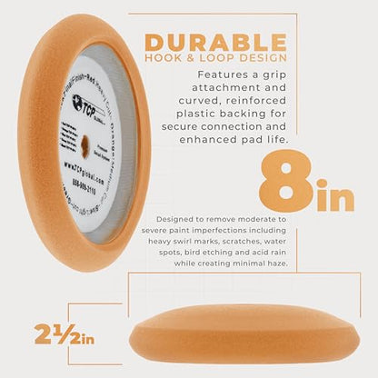 TCP Global 8" Orange Foam Buffing Pad Extra Coarse Cutting Polish Hook and Loop Backing - Buffing Pad for Automotive, Marine, Truck, RV & Compound Cutting - color: Yellow