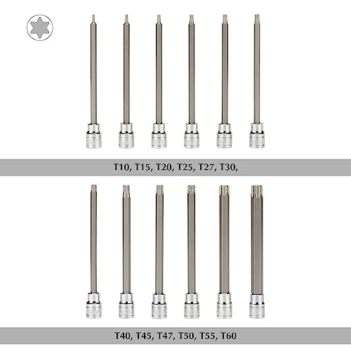 EMENTOL 12PCS 3/8" Drive Extra Long Torx Bit Socket Set, CR-V, S2 Steel, 5.9" Length Star Bit Socket Set, T10 - T60 - size: 12PCS Extra Long Torx Bit Socket Set (T10-T60)