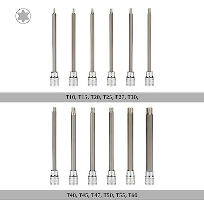 EMENTOL 12PCS 3/8" Drive Extra Long Torx Bit Socket Set, CR-V, S2 Steel, 5.9" Length Star Bit Socket Set, T10 - T60 - size: 12PCS Extra Long Torx Bit Socket Set (T10-T60)
