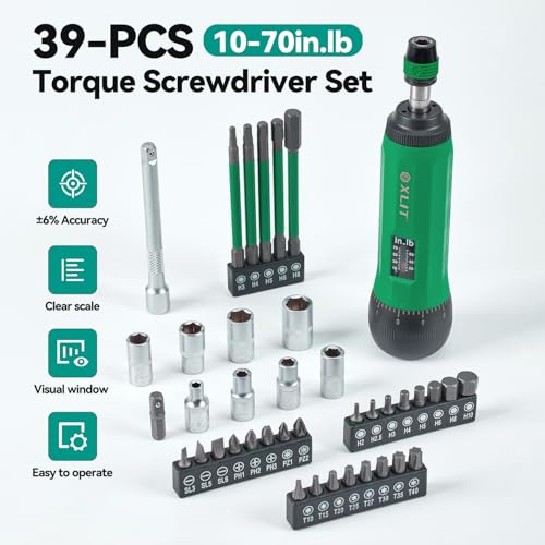 39-Piece Torque Screwdriver Set, 1/4" Hex Quick-Release Head, 10-70 In-lbs Adjustable - Multi-Bit Drive Set, Sockets, Extension Bar - Precision Cycling Tool Kit for Electronic, Bike, Home Repair