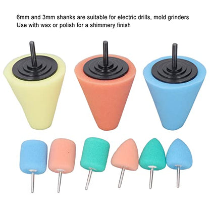 for Drills and Mold Grinders, 3mm and 6mm Shanks Polishing Cone and Buffing Ball Set - 9 Piece Sponge Polish Tool Kit for Automotive Wheel Hub Maintenance and Uncoated Metal