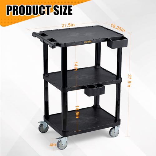 ELAFROS 3-Tier Heavy Duty Flat Top Rolling Utility Cart, 27.5 x 18.25 in | 330 lbs Capacity, Flat Top Shelves, Industrial Plastic, Swivel Wheels, Multipurpose Work Cart, Service Tool Organizer - style: Standard