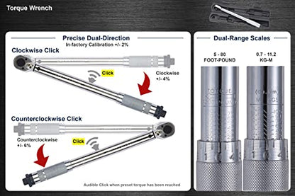 3/8" Drive 5-80 ft-lb (0.7-11.2 kg-m) Dual-Direction Click Torque Wrench