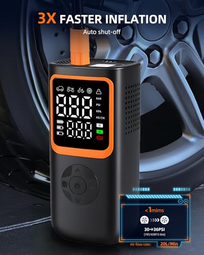 Tire Inflator Portable Air Compressor - 6000 mah & 150 Psi Air Pump for Car Tires with Pressure Gauge & Led Light, Faster Inflation Mini Compressor for Car, Bicycles, Motorcycle