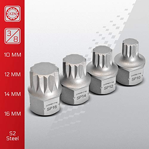 CARBYNE 8-Piece XZN Triple Square Stubby Low Profile Bit Socket Set, 4mm to 16mm, 12 Point Spline, S2 Steel, Dual Drive Internal Square and External Hex for Tight Confined Spaces - size: XZN Triple Square