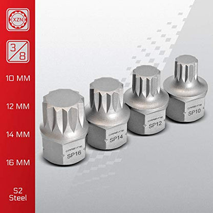 CARBYNE 8-Piece XZN Triple Square Stubby Low Profile Bit Socket Set, 4mm to 16mm, 12 Point Spline, S2 Steel, Dual Drive Internal Square and External Hex for Tight Confined Spaces - size: XZN Triple Square