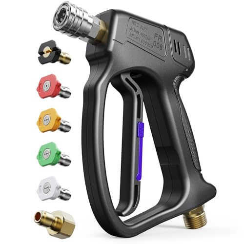 Short Pressure Washer Gun, 4000 PIS Power Washer Gun Car Washing | Stubby High Pressure Washer Gun, M22-14mm, 3/8" Male Plug, 1/4" Quick Connect, 5 Spray Nozzle, Car Wash Gun for Foam Cannon - color: Black-Fixed Inlet