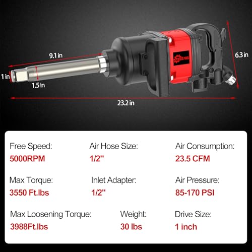 Trivd Frol Air Impact Wrench 1 inch Impact Gun 1 Inch Impact Wrench, Up to 3550 Ft.lbs, 5000RPM High Torque Pneumatic Impact Wrench with 32mm-33mm Sockets, 1/2" Air Inlet for Heavy Duty Repairs - style: 1 inch Air impact wrench