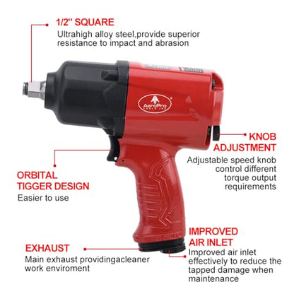 AEROPRO TOOLS 1/2-Inch Aluminum Air Impact Wrench(A398),Twin Hammer with 1380FT-LB Max Loosening Torque, Pneumatic Impact Gun, for Auto Repair, Tire Shop (1380 ft-lbs | Air Impact Wrench + Socket) - style: 1380 ft-lbs | Air Impact Wrench + Socket