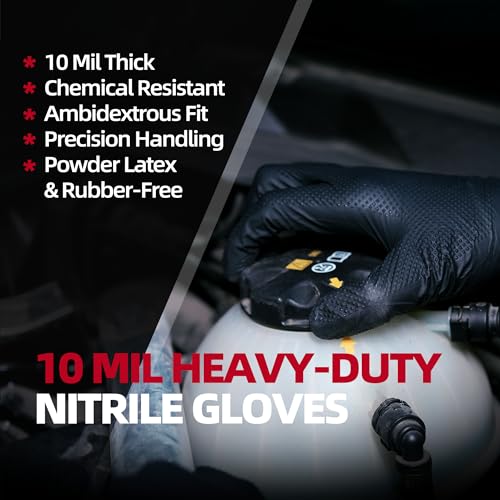 Jointown Upgraded 10 Mil Heavy Duty Nitrile Gloves, Mechanic Gloves Nitrile Disposable, with Raised Diamond Texture - color: Black 10 Mil, size: Large