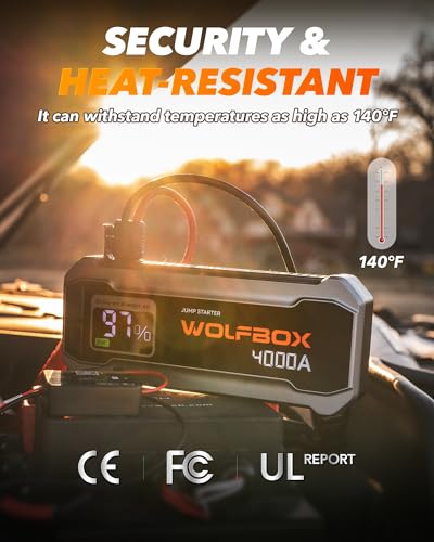 WOLFBOX 4000A Jump Starter,12V Car Battery Jumper Starter Portable with 65W Quick Charger,LED Display,88.8Wh Booster Jump Box Pack (10L Gas 10L Diesel Engine) with LED Light,Jumper Cables, MV24 - size: 4000A