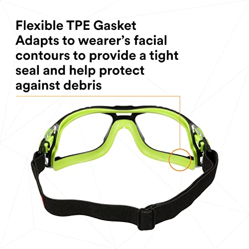 3M Safety Glasses, Solus 1000 Series, S1201SGAF-TSKT, Green/Black, Scotchgard Anti-Fog Coating, Clear Lens, Anti Scratch, with TPE Gasket and Elastic Strap, Pack of 1