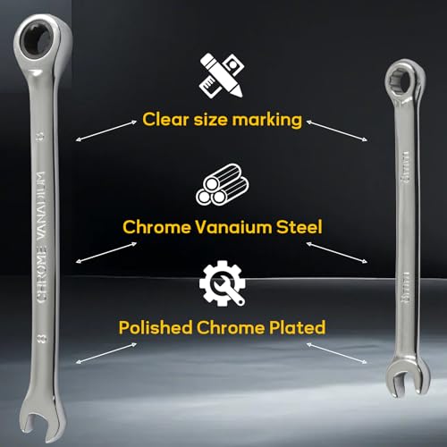 8mm Ratcheting Wrench 2 Pcs 72-Tooth 12-Point Chrome Plated | Forged 45# Carbon Steel Durable, 5-Degree Arc For Tight Spaces, 12-Point Protects Fasteners, Polished Chrome Anti-Rust - size: 8mm