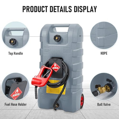 15 Gallon Gas Can, Fuel Tank Container with LE Fluid Transfer Manual Siphon Pump & 10FT Hose, Portable Diesel Gas Storage Caddy with Wheels for Car, ATV, Weeder, Boat, etc., Grey - color: Grey