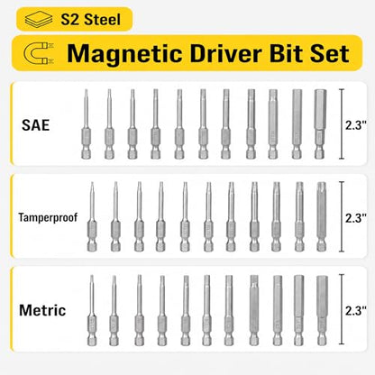Bates- Hex Head Allen Wrench Drill Bit Set, 2.3 Inch, 33 pcs, S2 Steel, 1/4 Hex Screwdriver Bit Set, Magnetic, Metric, SAE, Tamperproof Security Torx Bit Set