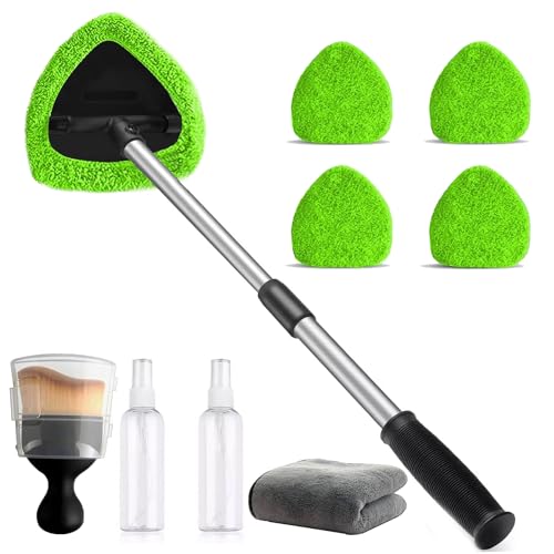 Car Windshield Cleaning Tools, Expandable Car Window Cleaner kit with 4 Reusable Microfiber Pads, Bottles, Windshield Cleaning Wand Tool, Auto Interior Dust Brush, for Trucks, SUVs, RVs etc - color: green