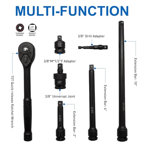 MacWork 67 Pieces 3/8“ Drive Impact Socket Set, SAE and Metric Sockets, CR-V & CR-Mo, Complete Socket Set with Shallow, Deep & Swivel Sockets, Includes Ratchet, Extension Bars & Adapters
