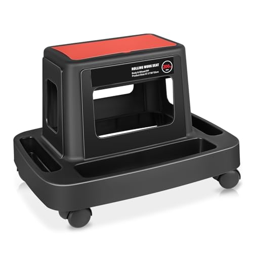 Auto Dynasty Portable Rolling Tool Seat with Functionality Built-in Storage Compartment Accessory Tray Fits Auto Mechanics Workshops, Red/Black - color: Red