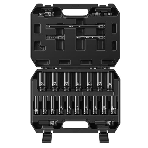 Reniteco 25-Piece 1/2" Drive Socket Set, Metric(10mm-32mm), Deep Sockets, Extension Bars, 1/2" F to 3/8" M Reducer,3/8" F to 1/2" M Reducer, Universal Joint, 6 Point Design, Cr-V - size: 1/2" 25 PCS Metric