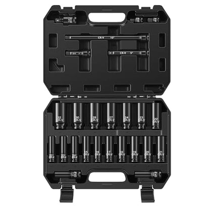 Reniteco 25-Piece 1/2" Drive Socket Set, Metric(10mm-32mm), Deep Sockets, Extension Bars, 1/2" F to 3/8" M Reducer,3/8" F to 1/2" M Reducer, Universal Joint, 6 Point Design, Cr-V - size: 1/2" 25 PCS Metric