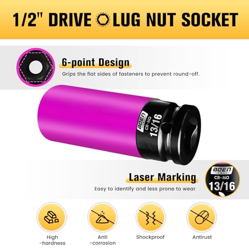BOEN 1/2" Drive 13/16" Wheel Protector Impact Socket, Non-Marring Lug Nut Thin Wall Deep Socket Set, Chrome-Molybdenum Steel, 6 Point, Color-Coded Protective Socket - size: 13/16