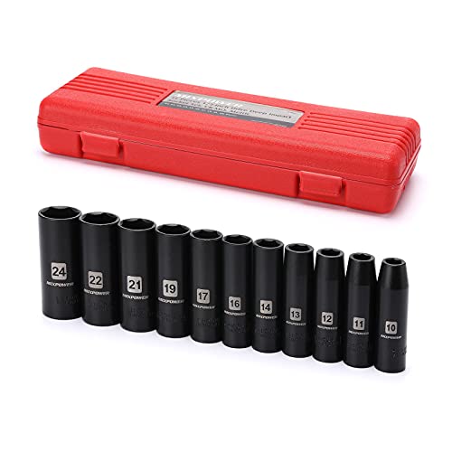MIXPOWER 11-Piece 1/2-Inch Drive Deep Impact Socket Set, CR-V, Metric, 6 Point, Deep, 10-24mm - size: 10.0 mm - 24.0 mm (Deep, 11PCS)