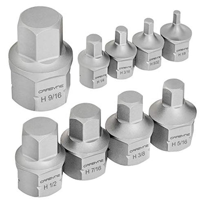 CARBYNE 9-Piece SAE Stubby Low Profile Hex (Allen) Bit Socket Set, 1/8 to 9/16 in., S2 Steel, Super Short Allen Sockets, Dual Drive Internal Square and External Hex for Tight Confined Spaces - size: SAE Hex