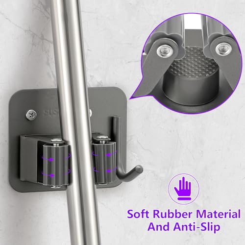 Broom Holder Wall Mount Rack, 304 Stainless Steel Mop and Tool Organizer | Drill-Mounted Gripper Rack Holds Brooms, Mops and Garden Tools Safely in the Laundry Room, Kitchen, Garage, Garden and Shed - color: Gery