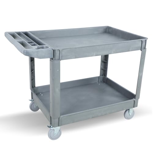 2 Tier Rolling Utility Cart on Wheels, 1000 lbs Capacity Plastic Service Cart with Lipped Shelves, 46 x 26-Inch Heavy Duty Work Cart for Warehouse, Garage, Cleaning, Gray - color: Gray, size: Deep Shelf 46 x 26 Inch