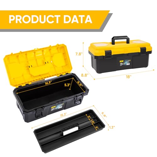 18 Inch Tool Box with Lock, 2-Layer Heavy-Duty Organizer with Removable Tray, Liftable Lid for Small Parts, 29lb Capacity & Carry Handle for Tools, Camping, Medical Supply Storage - size: 18“