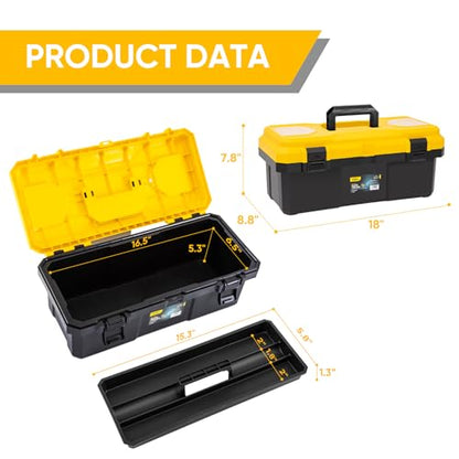 18 Inch Tool Box with Lock, 2-Layer Heavy-Duty Organizer with Removable Tray, Liftable Lid for Small Parts, 29lb Capacity & Carry Handle for Tools, Camping, Medical Supply Storage - size: 18“