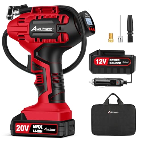 AVID POWER Tire Inflator Portable Air Compressor, 20V Cordless Car Tire Pump, Rechargeable Battery Powered Air Compressor w/12V DC Adapter, Digital Pressure Gauge - color: 1-red