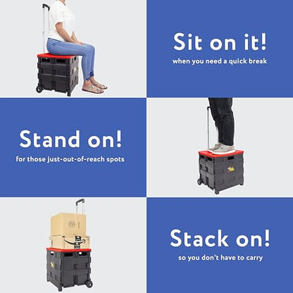 dbest products Quik Cart Collapsible Rolling Crate on Wheels for Teachers Tote Basket 80 lbs Capacity, Made from Heavy Duty Plastic and used as a Seat, Standard, Red - color: Red, style: Standard