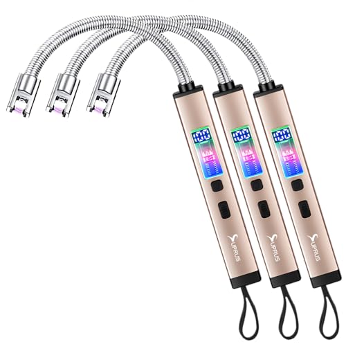 SUPRUS Electric Candle USB Type C Rechargeable 360° Flexible Neck Lighter with Upgraded LED Battery Display Safety Switch Flameless Plasma Windproof (Champagne Gold, 3Packs) - color: Champagne Gold, 3packs