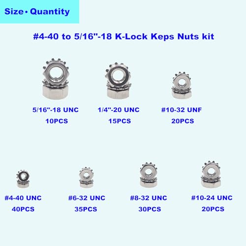 170PCS #4-40 to 5/16"-18 SAE Stainless Steel Keps K-Lock Hex Nut Kit | 304 Stainless Hex Nuts with 420 Steel Lock/Tooth Washers, UNC & UNF Anti-Vibration Fastener Set w/ Box