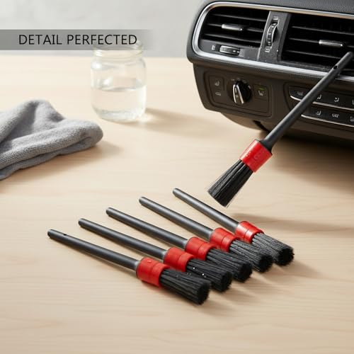 5-Piece Car Detailing Brush Set for Interior Vents, Dashboard Crevices & Wheel Rims - Black PP Plastic Cleaning Tools