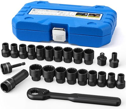 24 Pcs 3/8" Pass Through Socket Set, SAE/Metric Go-Thru Ratchet Kit | Hollow SAE/metric sockets clear long threaded rods, including a 72-tooth ratchet, extension bar, and 3/8" adapters - size: 24 Pcs