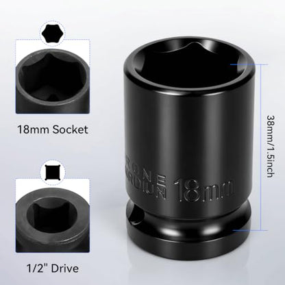 2PCS 18mm Impact Socket 1/2" Drive, 6 Point Metric Shallow Socket, CR-V Steel Heavy Duty Impact Wrench Socket for Automotive Repair - size: 18mm