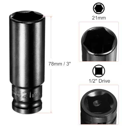 HARFINGTON Deep 6-Point Impact Socket 1/2" Drive 21mm Metric Socket 3" Length with 1/4" Hex Shank Adapter, CR-V Steel Socket Adapter Accessory Tool Set Kit for Hex Bolts Nuts - size: 21mm