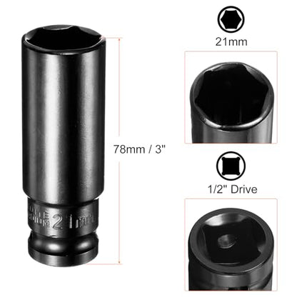 HARFINGTON Deep 6-Point Impact Socket 1/2" Drive 21mm Metric Socket 3" Length with 1/4" Hex Shank Adapter, CR-V Steel Socket Adapter Accessory Tool Set Kit for Hex Bolts Nuts - size: 21mm