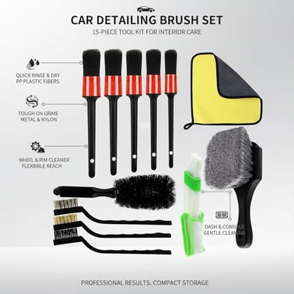 15-Piece Car Detailing Brush Set for Interior Vents, Dashboard Crevices & Console Gaps - Durable PP Plastic Cleaning Tool Kit - size: 12.6 x 5.91 x 1.97 in