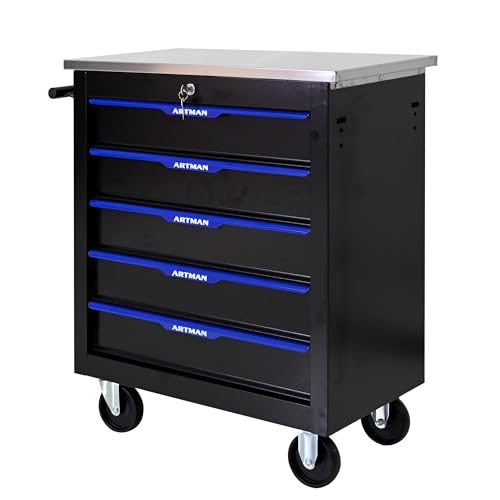 5 Drawer Heavy Duty Rolling Tool Chest, Mobile Metal Lockable Tool Cart with Stainless Steel Worktop, Garage Tool Storage Cabinet for Workshop Auto Repair, Black & Blue, 30.7" H × 25.9" W - size: 5 Drawers