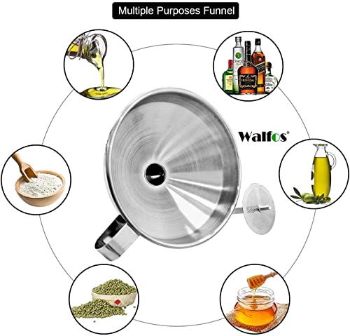 Stainless Steel Funnel, Walfos Kitchen Funnel with 2 Removable Strainer ＆ 1Pc Cleaning Brush, Perfect for Transferring of Liquid, Oils, Jam, Dry Ingredients & Powder (4.1") - color: 1pcs funnel 4.1 inch