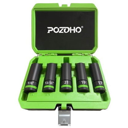 Impact Lug Nut Socket Set, 5-Piece 1/2-inch Drive Non-Marring Thin Wall Deep Socket Set for Wheel Nuts, SAE & Metic Wheel Protector Removal Tool, Cr-Mo Steel, PTM02005 - size: 5-Piece