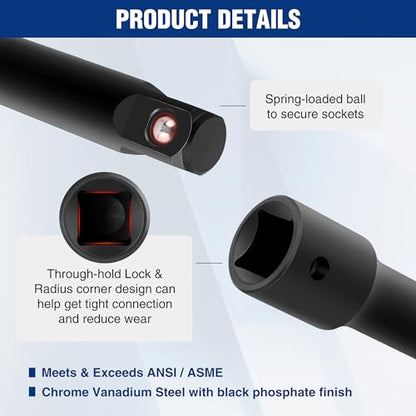 WORKPRO 3/8" Drive Impact Extension Bar Set, Socket Extensions | 3 PCS Socket Extensions, 3”, 5” and 10” Length, Premium Chrome Vanadium Steel with Black Phosphate Finish - style: 3/8" DR